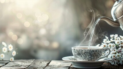 Hot tea being poured into decorated cup with steam, on rustic wooden table beside flowers - obrazy, fototapety, plakaty