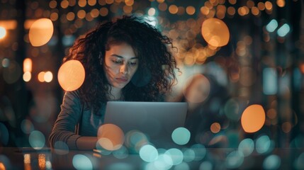 Soft focus background of a woman working diligently on a laptop surrounded by other women networking and collaborating on their ventures all made possible by the resources and opportunities . - obrazy, fototapety, plakaty