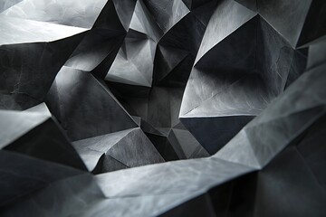 : Black origami paper folded into complex, geometric shapes that interlock and stack. The shapes suggest hidden forms and intricate patterns. 