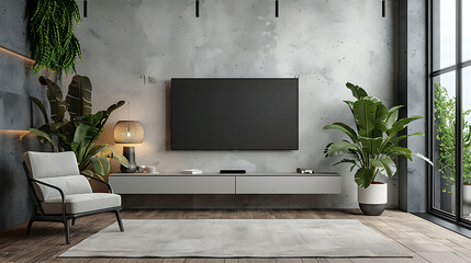 Cabinet for TV on the white plaster wall in living room with armchair,minimal design,3d rendering, realistic interior design