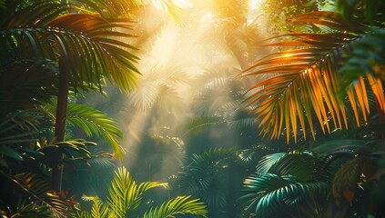 A dazzling display of tropical palm leaves bathed in warm sunlight, radiating an aura of serene jungle beauty.