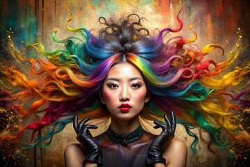 Obraz premium A creative banner for a beauty salon or barbershop. Fashionable professional hair coloring. A beautiful Asian woman with long multicolored hair. An explosion of colors on the head.