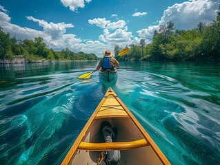 A person calmly paddles a canoe on tranquil turquoise waters, surrounded by a picturesque forest landscape.