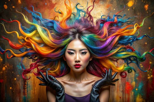 A creative banner for a beauty salon or barbershop. Fashionable professional hair coloring. A beautiful Asian woman with long multicolored hair. An explosion of colors on the head.