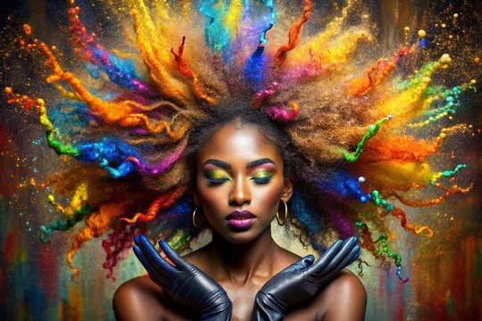 A creative banner for a beauty salon or barbershop. Fashionable professional hair coloring. A beautiful black African-American woman with long multicolored hair. An explosion of colors on the head.