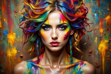 A creative banner for a beauty salon or barbershop. Fashionable professional hair coloring. A beautiful woman with long multicolored hair. An explosion of colors on the head.