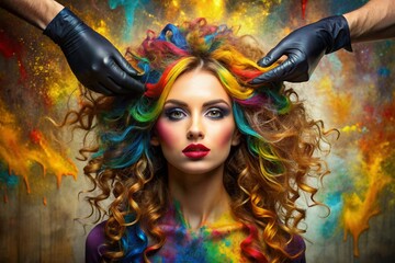 Fototapeta premium A creative banner for a beauty salon or barbershop. Fashionable professional hair coloring. A beautiful woman with long multicolored hair. An explosion of colors on the head.