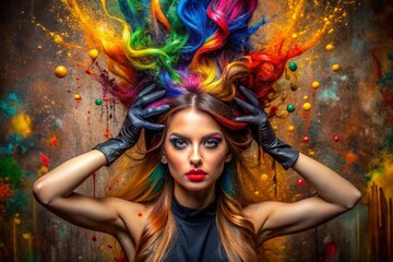 Fototapeta premium A creative banner for a beauty salon or barbershop. Fashionable professional hair coloring. A beautiful woman with long multicolored hair. An explosion of colors on the head.