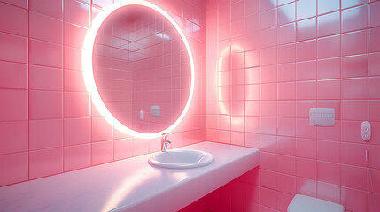 Circular mirror on wall in pink restroom at modern hospital near toilet, realistic interior design