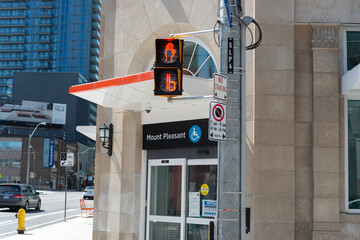 Fototapeta premium entrance to Mount Pleasant Station, an Eglinton Crosstown station stop, located at 256 Eglinton Avenue East in Toronto, Canada