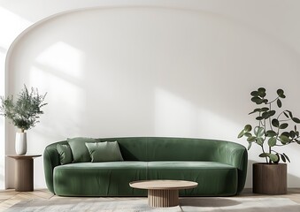 Modern living room interior with a green sofa and coffee table near a white wall in the style of a mock up