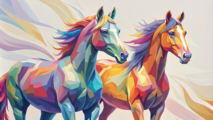 Running Color Horses Silhouette on Abstract Background