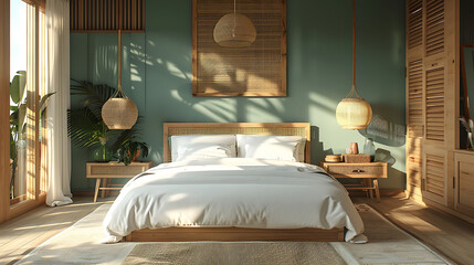 Coastal boho style bedroom interior, wall mockup, 3d render, realistic interior design