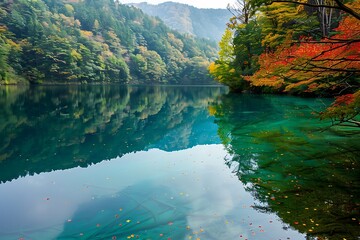 A serene lake nestled in a forested valley, with colorful autumn foliage reflected in the crystal-clear waters below.