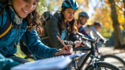 A group of students furiously scribble notes and solve equations while biking along a scenic path showcasing the fun and physical aspect of learning math. .