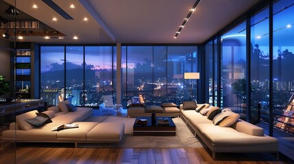 Modern living room interior with panoramic windows and large sofa at night