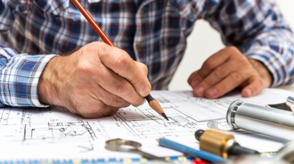 Creating a custom plumbing blueprint requires careful calculations and precise measurements as seen in this image of a plumber carefully drawing out designs on a drafting table. .