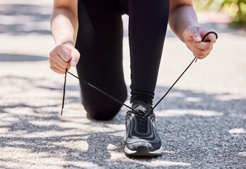 Athlete, shoelaces and hands for runner, workout and nature for cardio exercise. Legs, footwear and...