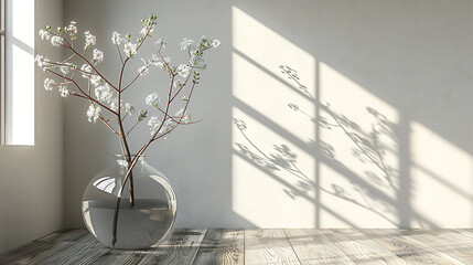 Empty room interior background with glass vase with branch 3d rendering