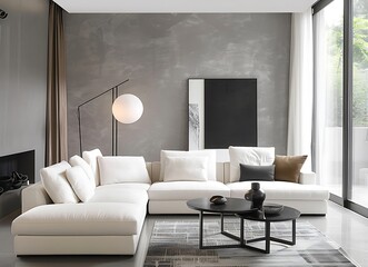 Modern living room interior with a white sofa and black table