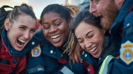 A group portrait of paramedics huddled together each with a different expression on their face. Some are laughing and joking others are deep in thought and a few have a tired but determined .