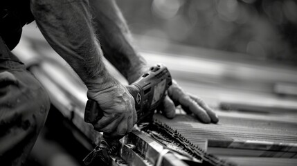 A black and white image of a roofers hands each holding a different tool one gripping a nail gun the other a tape measure symbolizing the variety of tools and techniques used in this .