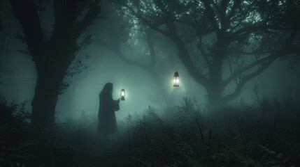 A lone figure walking through a misty forest holding a lantern and appearing deep in contemplation. . - obrazy, fototapety, plakaty