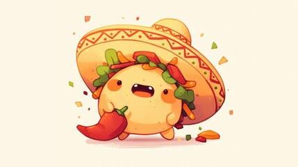 Naklejka premium An adorable taco wearing a sombrero and clutching a chili pepper depicted in a lively cartoon style stands out as a charming Mexican food character set against a white backdrop