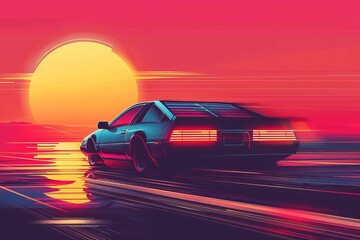 Fototapeta na wymiar retro 80s style car driving into sunset vintage illustration
