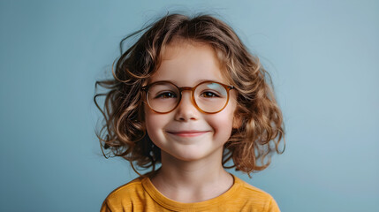 A smiling child wearing glasses promoting eye health and safety awareness month against a plain background with copy space.