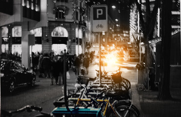 Urban town, black and white with city street and buildings with New York and travelling. Metro, outdoor and flare with monochrome and nightlife with transportation and people with road and bike