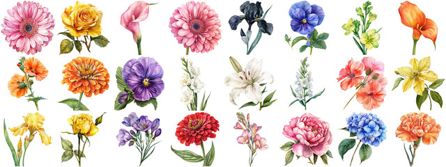 Fototapeta premium Watercolor flower set isolated background. Various floral collection of nature blooming flower clip art illustration element for retro flora wedding or romantic valentine card. crisp edges cut out.