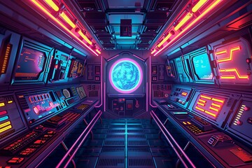 retrofuturistic space station interior with neon lighting pixel art diorama aigenerated illustration