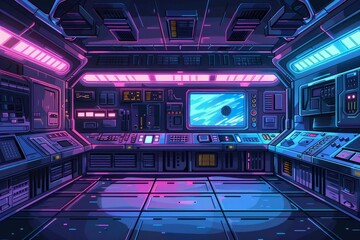 retrofuturistic space station interior with neon lighting pixel art diorama aigenerated illustration