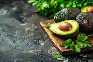 Avocados and parsley, natural foods on a wood cutting board