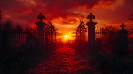 Eerie Red Twilight at the Cemetery Gate. Concept Cemetery Photoshoot, Red Twilight, Eerie Atmosphere, Gate Silhouette, Night Photography - obrazy, fototapety, plakaty