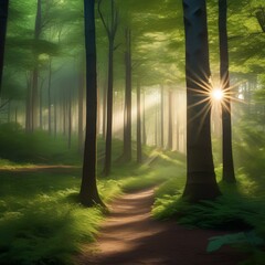 A serene forest with sunlight filtering through the trees, creating dappled patterns on the ground5