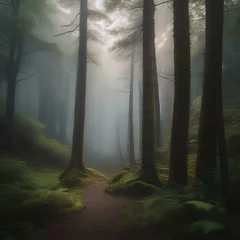 Foto op Plexiglas A dense, foggy forest with trees shrouded in mist4 © Ai.Art.Creations
