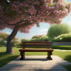 A tranquil garden with a wooden bench under a flowering tree, perfect for relaxation1 - obrazy, fototapety, plakaty