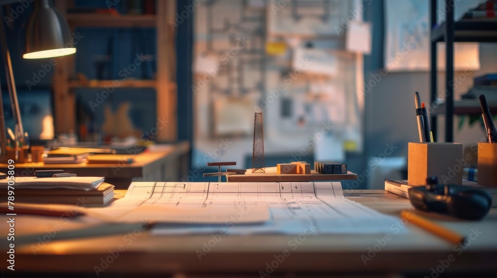 Poster Abstract architects studio A mesmerizing image of an architects desk with a backdrop of blurred blueprints a miniature scale model and tools of the trade. The soft focus and blurred .