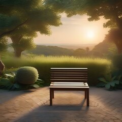 A peaceful garden with a wooden bench and a view of the sunset1 - obrazy, fototapety, plakaty