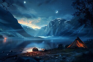 Camp near the mountain lake. Night landscape with a tent near the water. Dramatic scene . - obrazy, fototapety, plakaty
