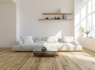 Modern living room with a light wooden floor and white walls