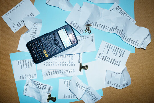 Accounting in office: receipts of purchases and hard direct flashlight
