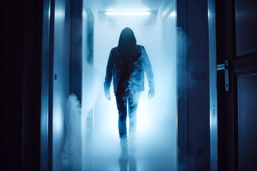 Silhouette of a mysterious hooded man emerging from smoke in a doorway, blue fog surrounding enigmatic dark figure - Powered by Adobe