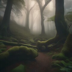 A dense, misty forest with ancient, gnarled trees3 - obrazy, fototapety, plakaty