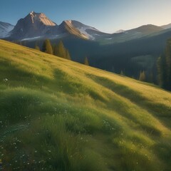 A peaceful mountain meadow with a clear blue sky above2
