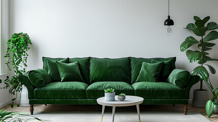 Interior mock up with gray velvet sofa, green pillows, coffee table and succulents in living room with white wall, 3D rendering