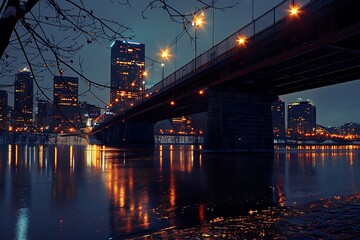 City night scenes of bridge with dark sky in the evening. .