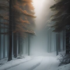 A dense, foggy forest with trees shrouded in mist1